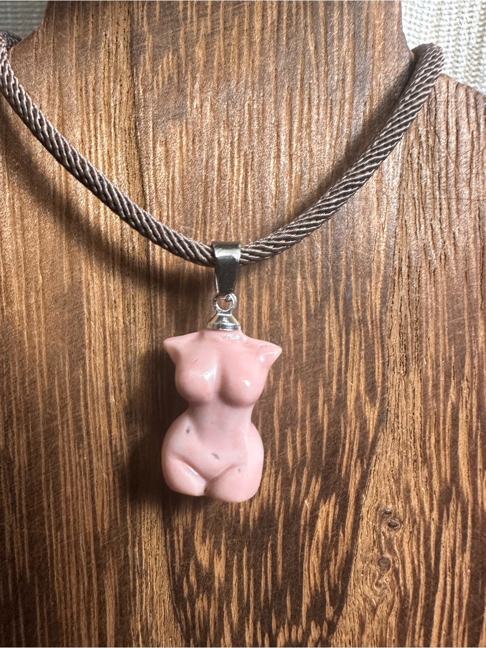 Mini Light Pink Alashan Agate Lady Body Carving Pendant Necklace on Brown Rope